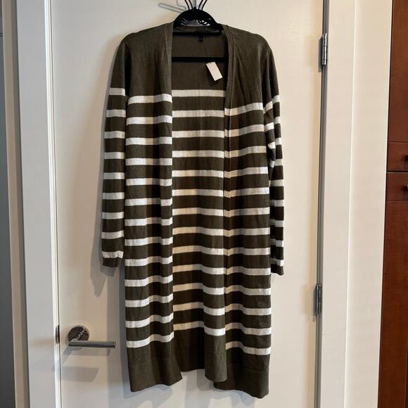New Talbots Lightweight Duster Cardigan Striped Green White Linen Slit Sz XL - Picture 2 of 6